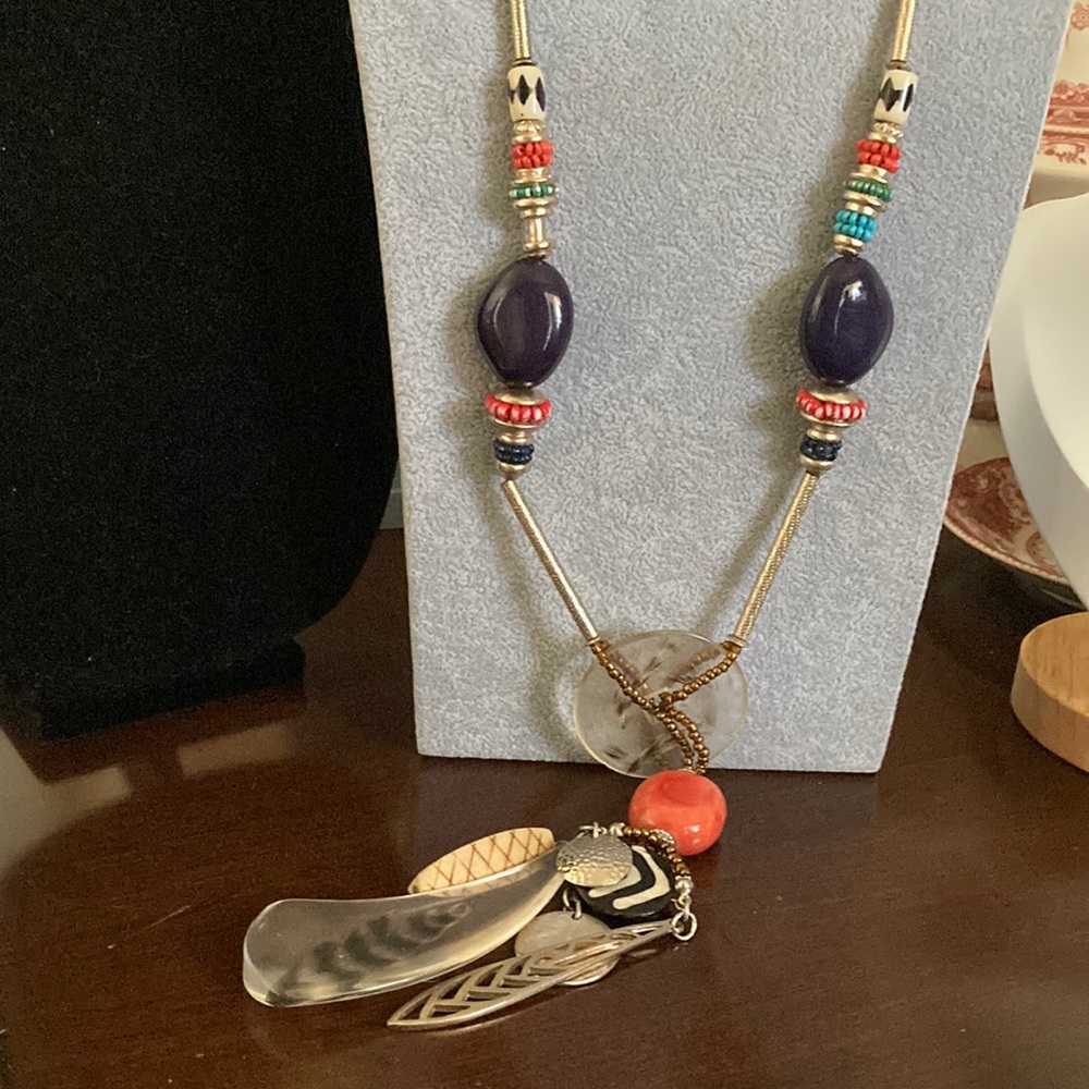 Chico’s Bohemian Multi-Bead Pendant Necklace in Navy and Coral